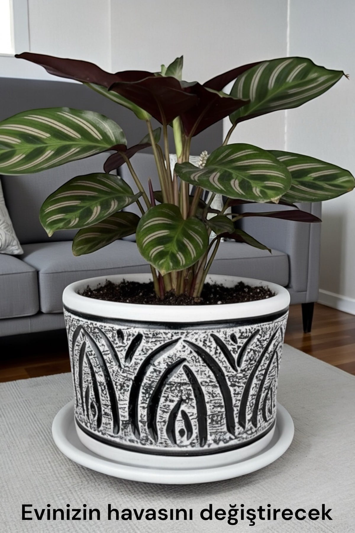 Doğal Toprak El Yapımı Dekoratif Desenli Altlıklı Saksı 20*15 cm