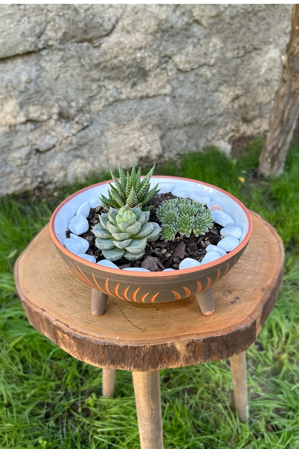 Toprak Sırlı Ayaklı Desenli Dekoratif Kase-Çiçeklik-Sukulent Saksısı 20 cm