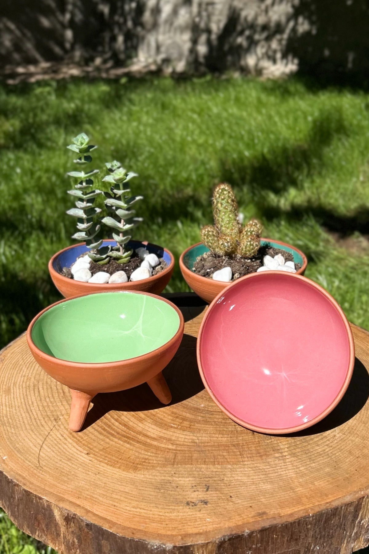 3'lü El Yapımı Toprak Ayaklı Kase Sukulent Saksısı-Dekoratif Kase 12 cm