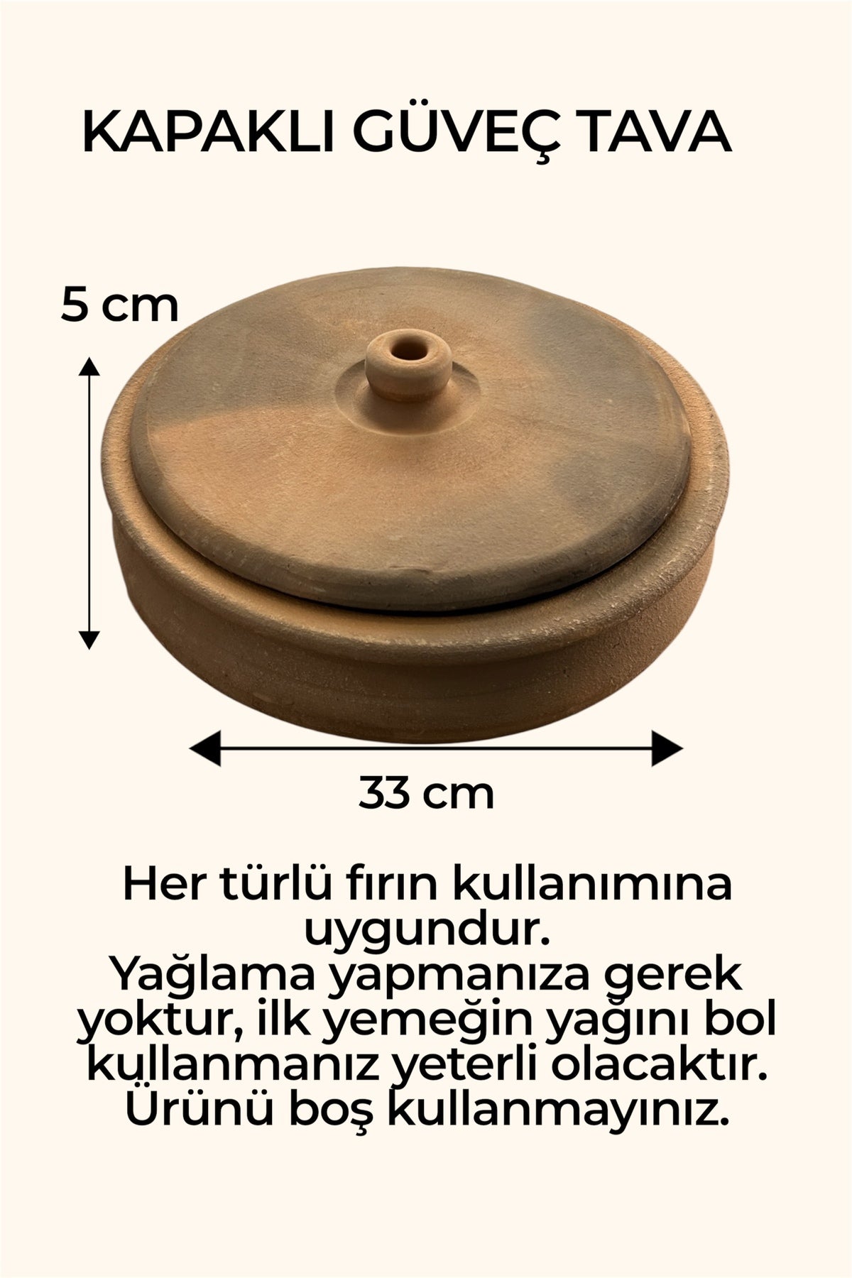 Orta Boy Kapaklı Toprak Güveç-fırın Kabı- Fırın Tepsisi 33 Cm 5-6 Kişilik Ateşe Dayanıklı