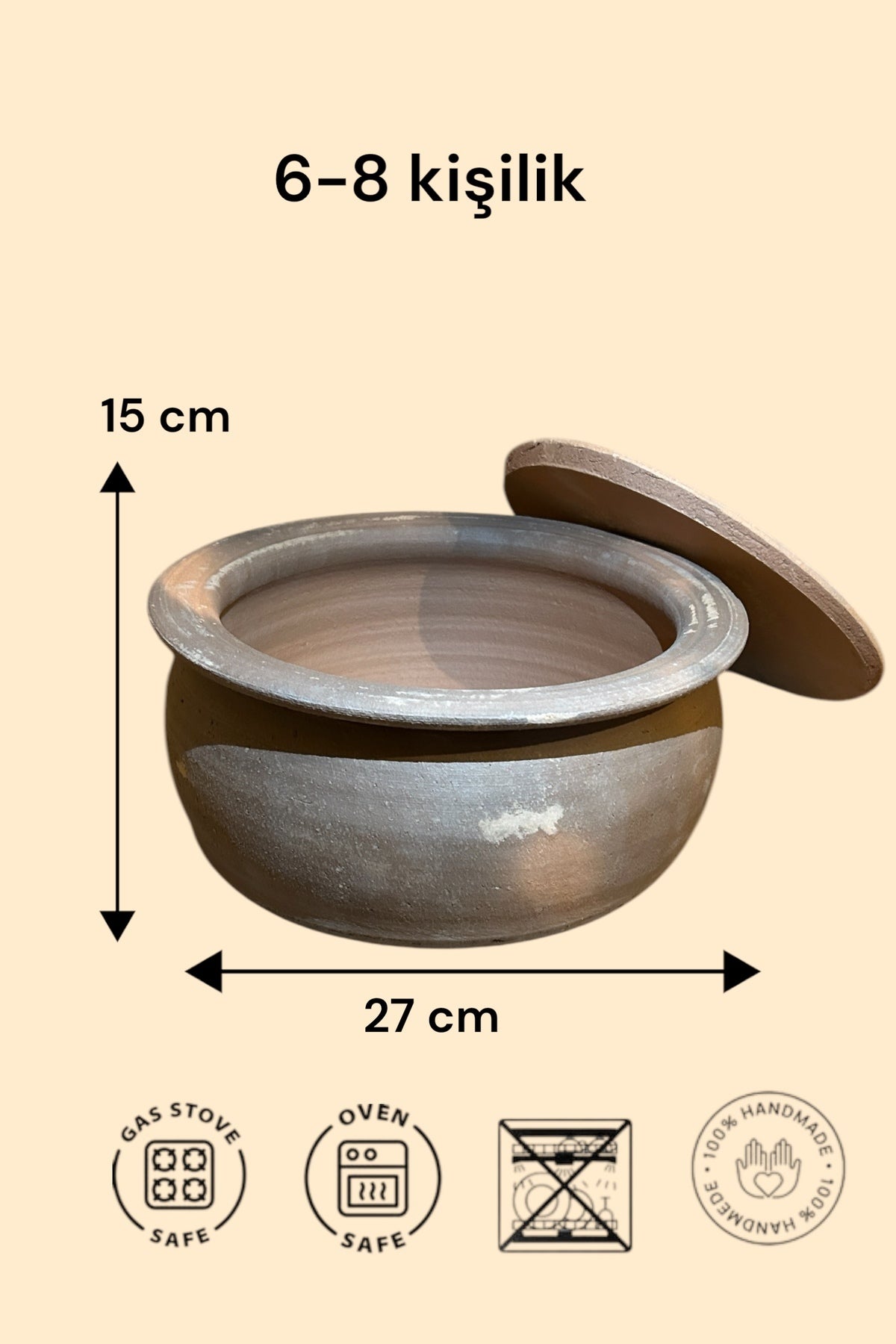 El Yapımı Doğal Toprak Ateşe Dayanıklı Çömlek Güveç Tencere Büyük Boy 4,5-5 Litre 6-8 Kişilik