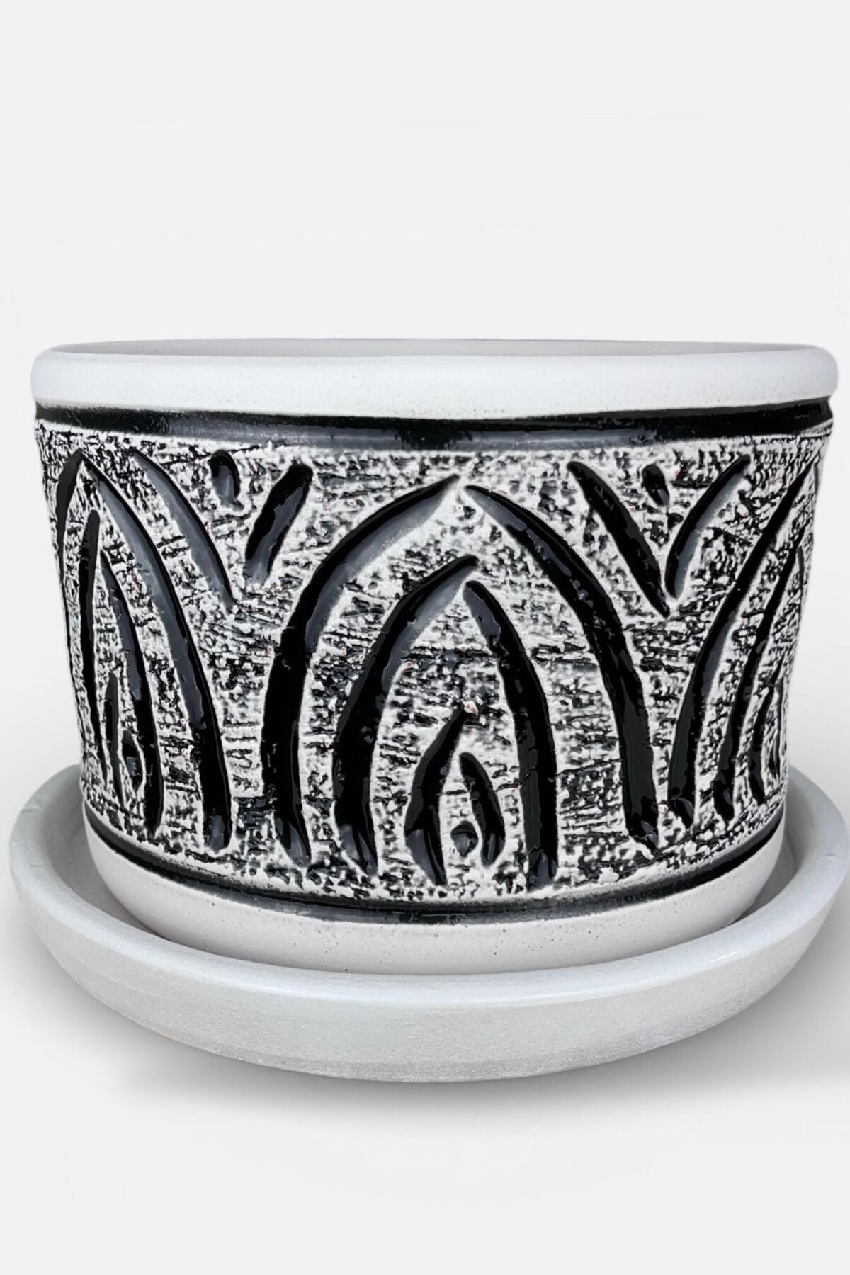 Doğal Toprak El Yapımı Dekoratif Desenli Altlıklı Saksı 20*15 cm