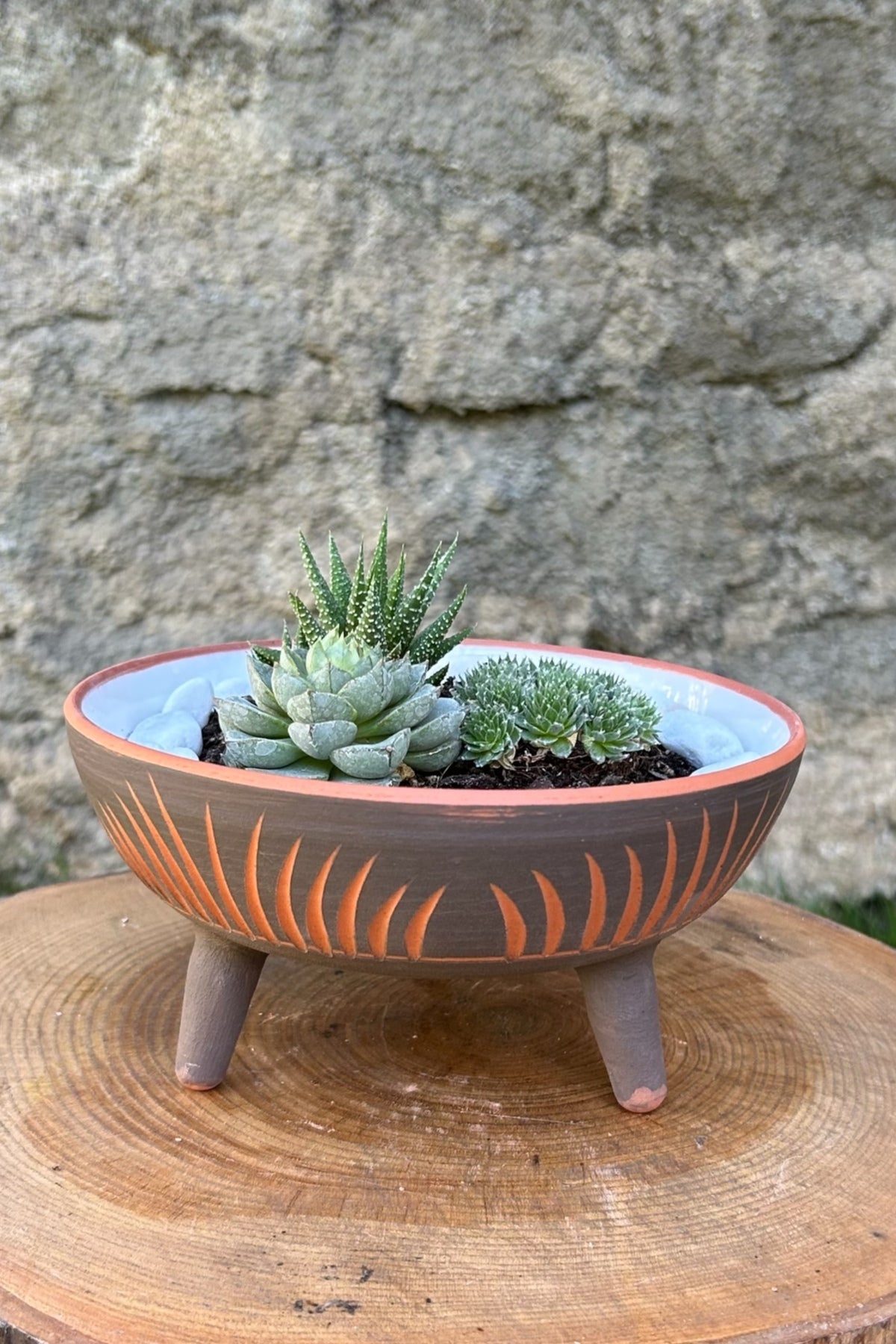 Toprak Sırlı Ayaklı Desenli Dekoratif Kase-Çiçeklik-Sukulent Saksısı 20 cm