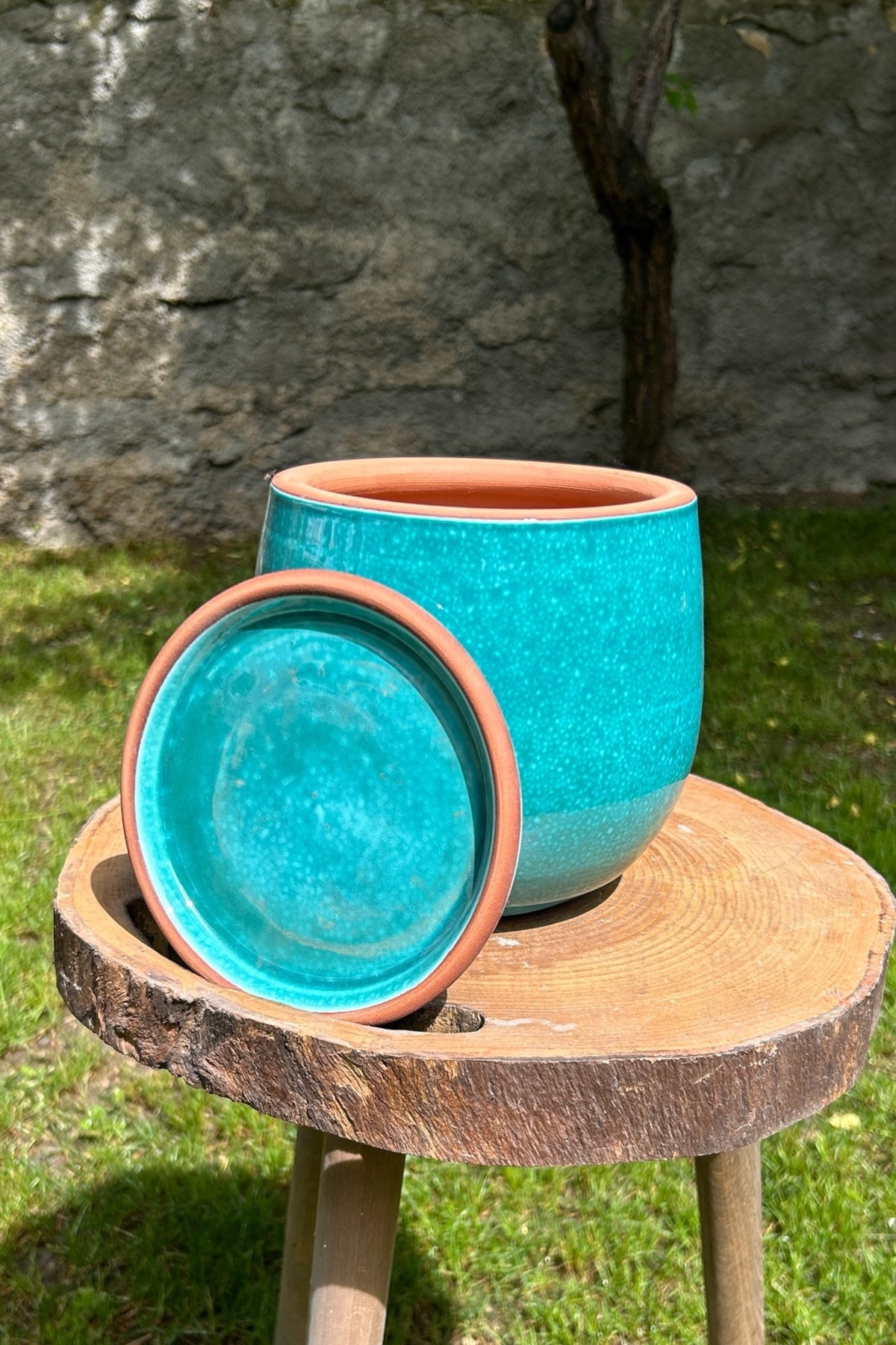 El Yapımı Dekoratif Toprak Turkuaz Mavi Sırlı Seramik Ev-bahçe Saksısı 17x19 Cm (TABAKLI)