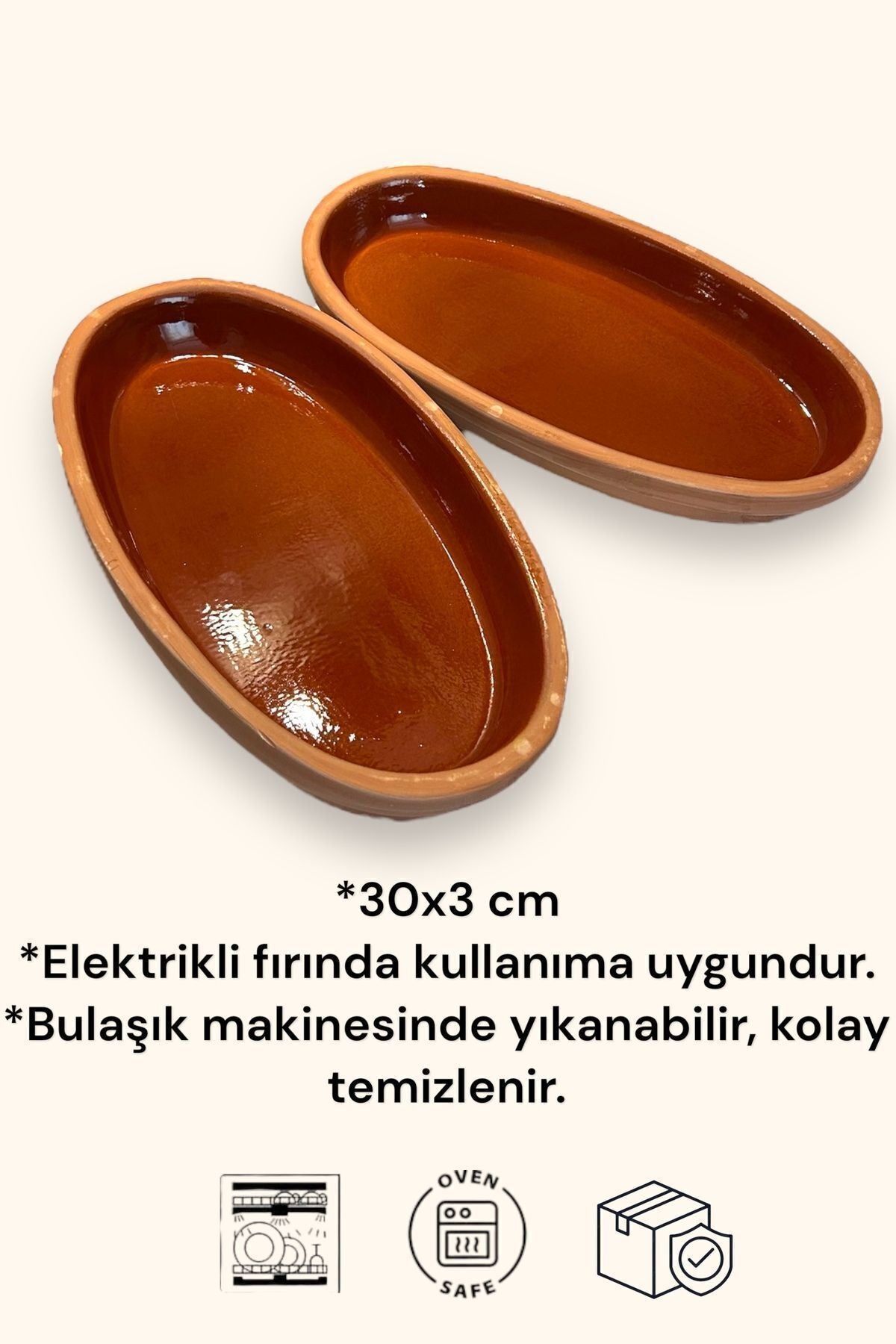 2'li Toprak Sırlı Oval Kayık- Balık Güveci Pişirme Tavası 30x15x4 ( Ev Tipi Fırın Için)