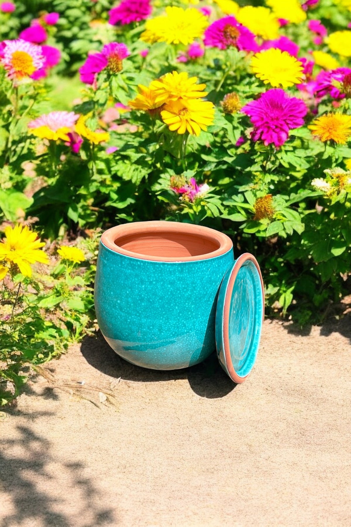 El Yapımı Dekoratif Toprak Turkuaz Mavi Sırlı Seramik Ev-bahçe Saksısı 17x19 Cm (TABAKLI)