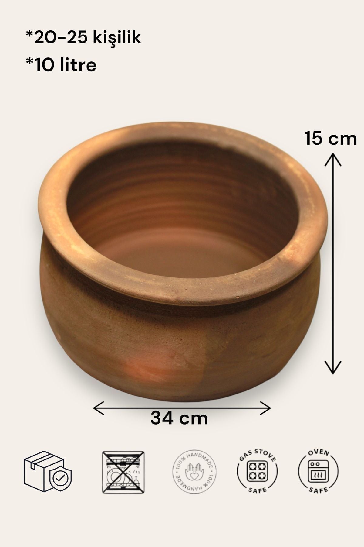 Doğal Toprak Battal Boy Güveç Tencere 18-20 Kişilik 10 Litre 34x15 Cm (KAPAKSIZ)